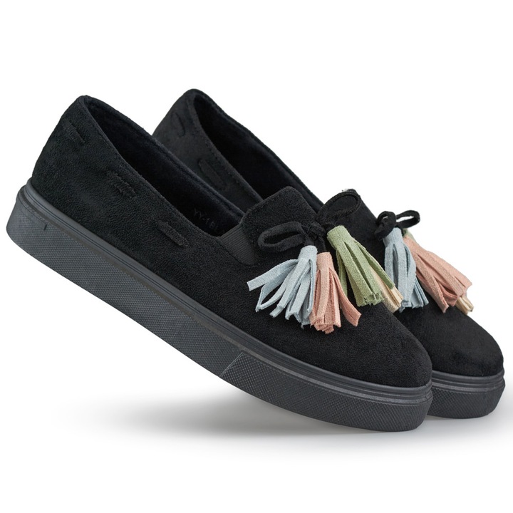 Pantofi dama cu decor, Piele ecologica, Negru, Negru