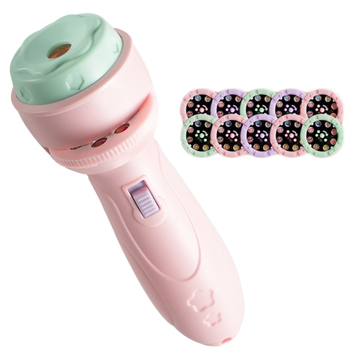 Zseblámpa típusú projektor, Axroad Mall, 10 korong, 80 kép, Gyümölccsel, állatokkal, járművekkel, Könnyen fogható, Elem mellékelve, Serkenti a gyerek fantáziáját, Hordozható, Műanyag, 3,6*3,6*11,5cm, Rózsaszín