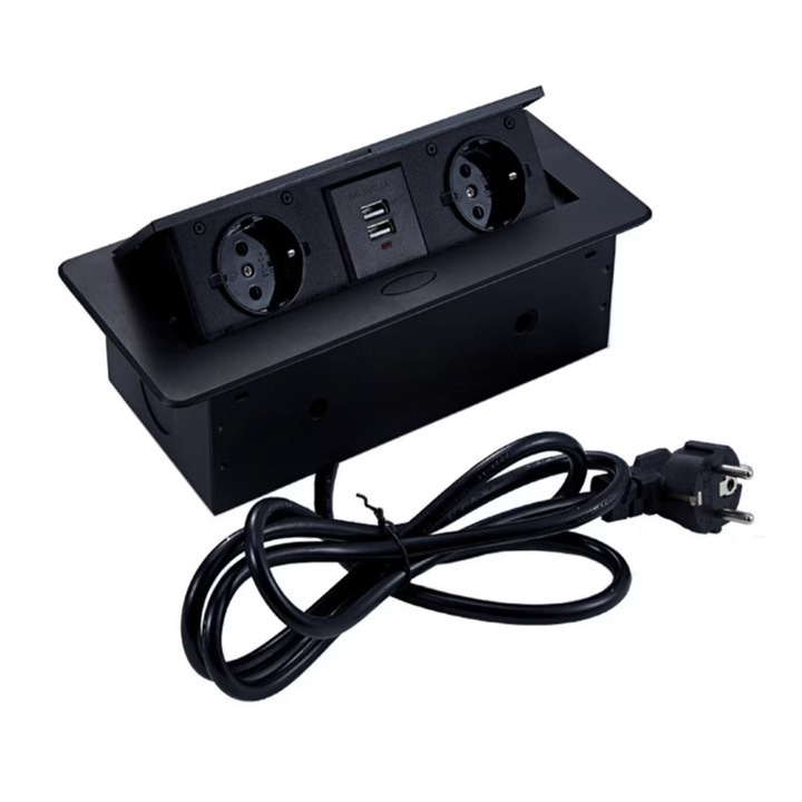 Priza Incorporabila in Blat Bucatarie, Masa sau Birou, 2 USB si 2 Prize Schuko, Incastrabila, 1.5m, Negru