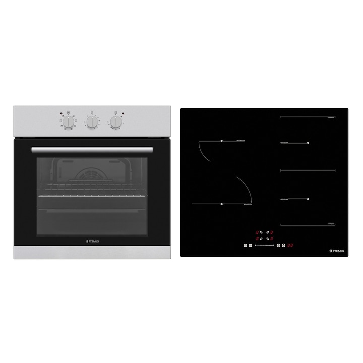 Pachet Pyramis PHC 61430IFB6001 MD, cuptor electric incorporabil, plita vitroceramica si hota decorativa, 8 moduri de operare, clasa A, volum 69 litri, control mecanic, timer, easy clean, 4 zone de gatit, finisaj inox si sticla neagra
