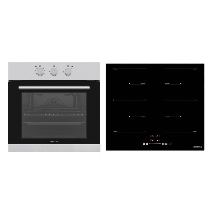 Pachet Pyramis PHC 61631BFB6001 MDTST, cuptor electric incorporabil, plita vitroceramica si hota telescopica, 8 moduri de operare, clasa A, volum 69 litri, control mecanic, timer, easy clean, 6 zone de gatit, finisaj inox si sticla neagra