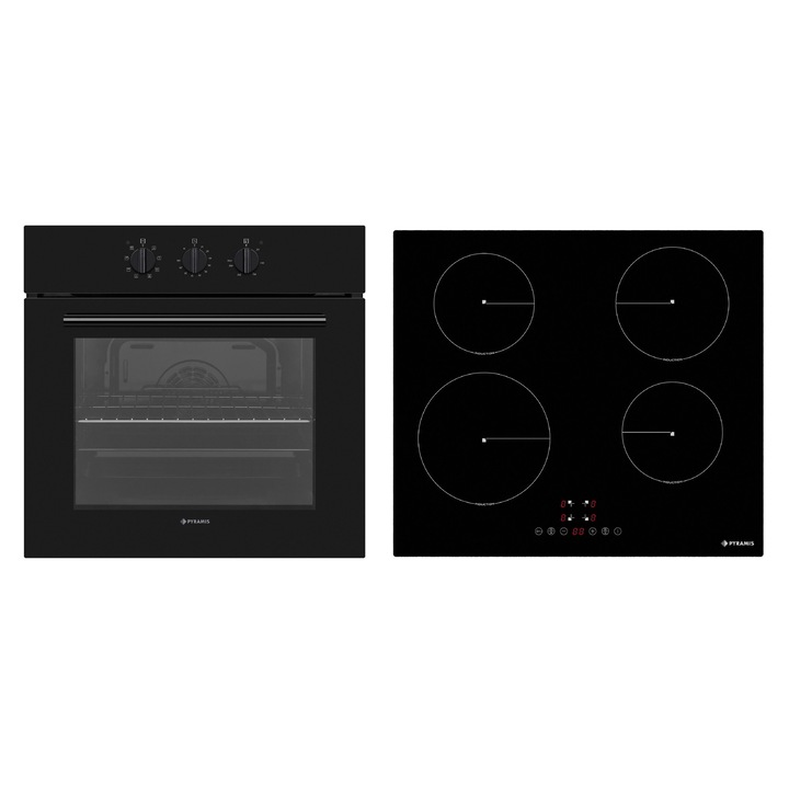 Pachet Pyramis PHI 62430FMB9001 MDTTC, cuptor electric incorporabil, plita inductie si hota telescopica, 8 moduri de operare, clasa A, volum 69 litri, control mecanic, timer, easy clean, 4 zone de gatit, finisaj sticla neagra