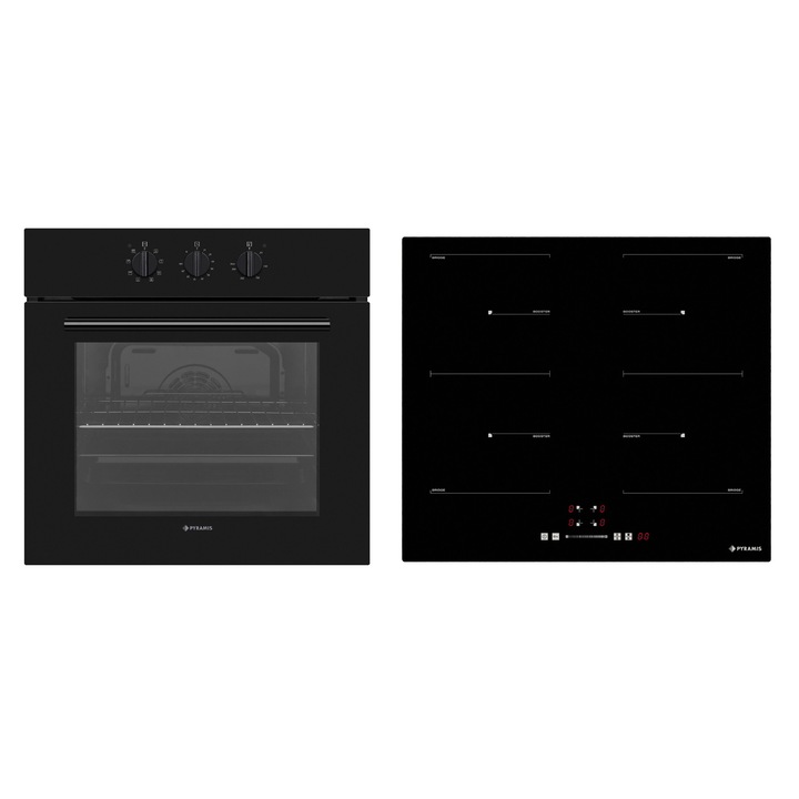 Pachet Pyramis PHI 63432FMB9001, cuptor electric incorporabil si plita inductie, 8 moduri de operare, clasa A, volum 69 litri, control mecanic, timer, easy clean, 4 zone de gatit, 2 zone Bridge, finisaj sticla neagra