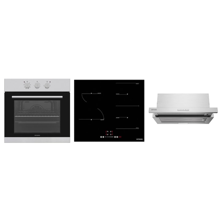 Pachet Pyramis PHC 61631BFB6001 MD, cuptor electric incorporabil, plita vitroceramica si hota decorativa, 8 moduri de operare, clasa A, volum 69 litri, control mecanic, timer, easy clean, 6 zone de gatit, finisaj inox si sticla neagra