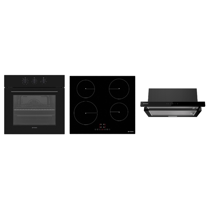 Pachet Pyramis PHI 62430FMB9001, cuptor electric incorporabil si plita inductie, 8 moduri de operare, clasa A, volum 69 litri, control mecanic, timer, easy clean, 4 zone de gatit, finisaj sticla neagra
