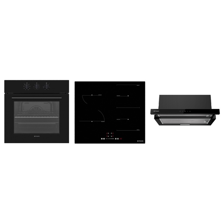 Pachet Pyramis PHI 62432FMB9001 MDTFB, cuptor electric incorporabil, plita inductie si hota telescopica, 8 moduri de operare, clasa A, volum 69 litri, control mecanic, timer, easy clean, 4 zone de gatit, 1 zona Bridge, finisaj sticla neagra