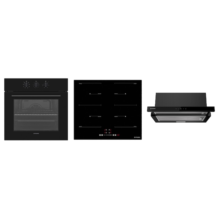 Pachet Pyramis PHI 63432FMB9001 MDTTC, cuptor electric incorporabil, plita inductie si hota telescopica, 8 moduri de operare, clasa A, volum 69 litri, control mecanic, timer, easy clean, 4 zone de gatit, 2 zone Bridge, finisaj sticla neagra