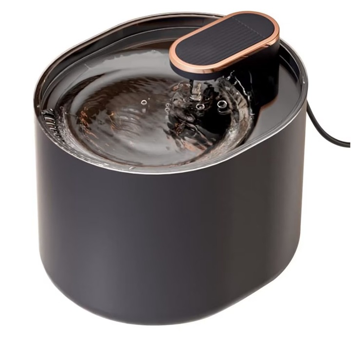 Fantana de baut pentru pisici si caini, stil fantana, ultra-linistita, cu sistem de filtrare si recirculare cu carbune activ, afisaj cu lumina LED albastra, alarma cu lumina rosie pentru lipsa de apa, USB, 3L, negru
