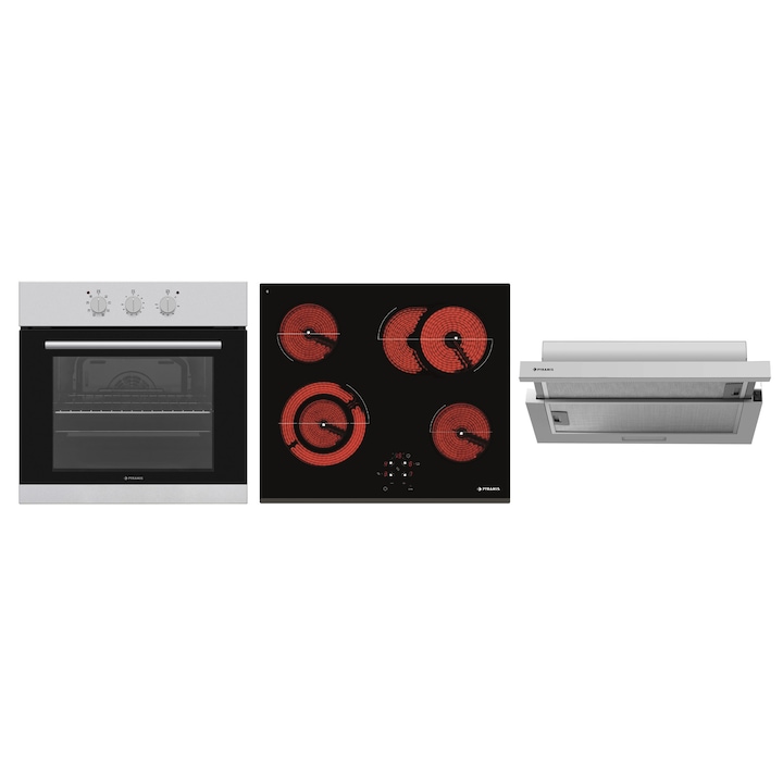 Pachet Pyramis PHI 62432FMB6001 MDTST, cuptor electric incorporabil, plita inductie si hota telescopica, 8 moduri de operare, clasa A, volum 69 litri, control mecanic, timer, easy clean, 4 zone de gatit, 1 zona Bridge, finisaj inox si sticla neagra