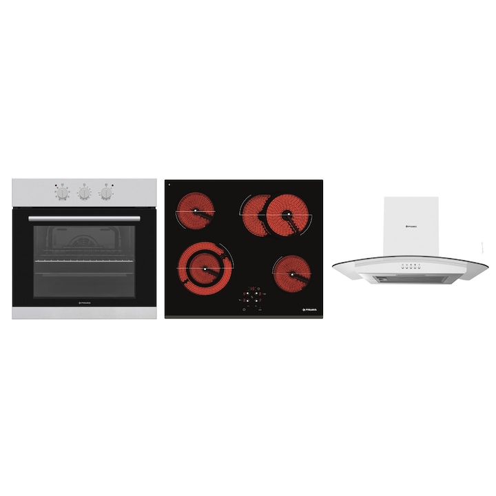 Pachet Pyramis PHC 61430IFB6001 MDTST, cuptor electric incorporabil, plita vitroceramica si hota telescopica, 8 moduri de operare, clasa A, volum 69 litri, control mecanic, timer, easy clean, 4 zone de gatit, finisaj inox si sticla neagra