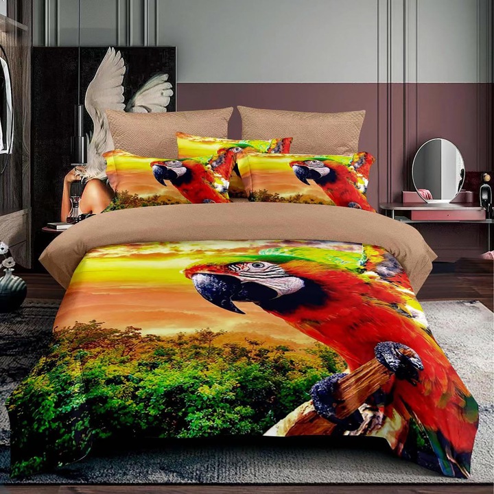 Спално бельо за 1 човек Finet 3D памук 3 части 160 x 230 см, Parrot, Red Beige, Pucioasa F1P4