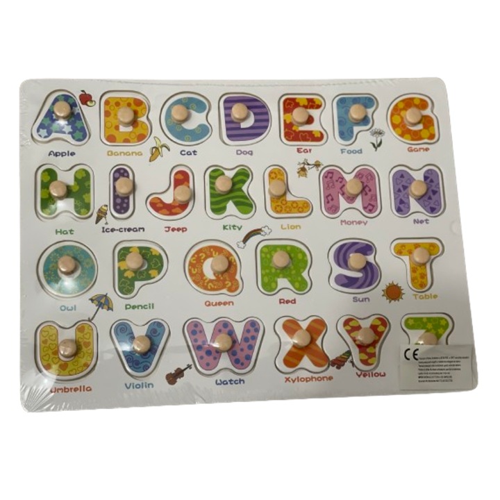 Puzzle incastru educativ din lemn, Alfabet - litere mari, Multicolor