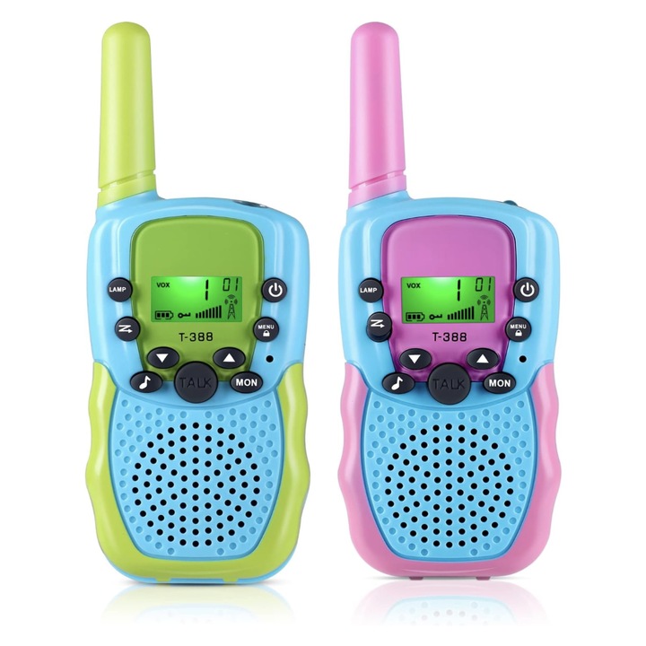 Set 2 statii Walkie Talkie pentru copii, Antena si Lanterna, Raza de Actiune de pana 2-3 km, baterii incluse, Plastic, Varsta Recomandata +3 ani, albastru/roz