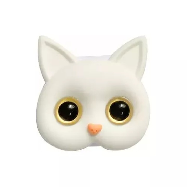 Popsocket típusú ragasztós tartó, univerzális, fehér macska modell, beépített tükör