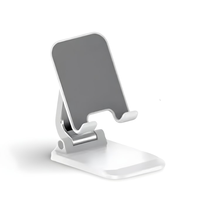 Suport universal pentru telefon sau tableta, cu brat reglabil pentru masa sau birou, pliabil, alb