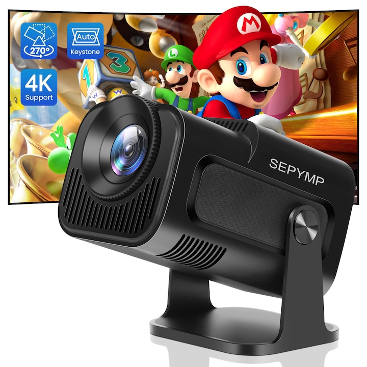 Преносим видео проектор，300ANSI，9000 лумена, Android 13, Wi-Fi 6, BT 5.0, 1920x1080p HD резолюция, 4K поддръжка, HDMI връзка, USB и Android/IOS Mirroring, черен