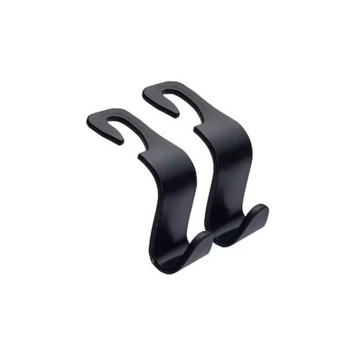 Set 2 suporti tip cuier cu carlig, pentru genti si bagaje, cu fixare la tetiere universale, Negru, Dactylion®