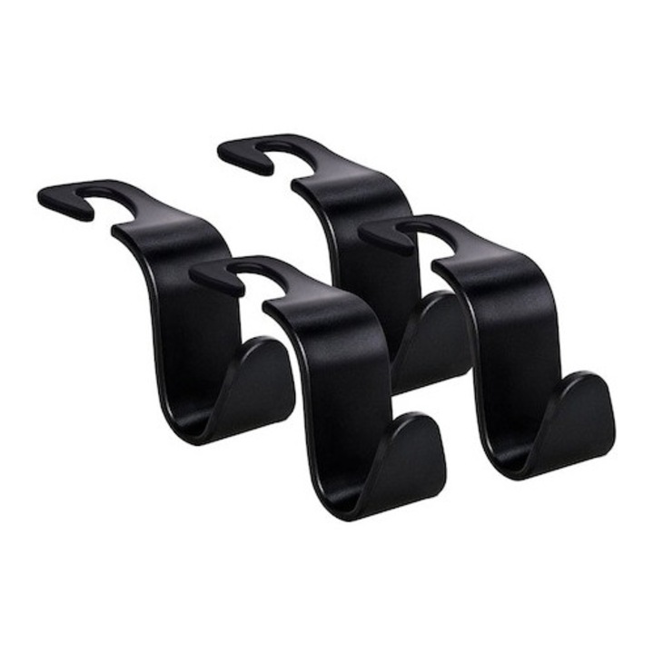 Set 4 suporti tip cuier cu carlig, pentru genti si bagaje, cu fixare la tetiera universala, Negru, Dactylion®