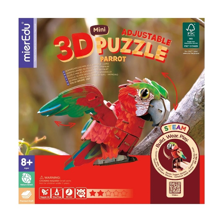 Puzzle 3D, Mieredu, Papagal, 60 elemente, Multicolor