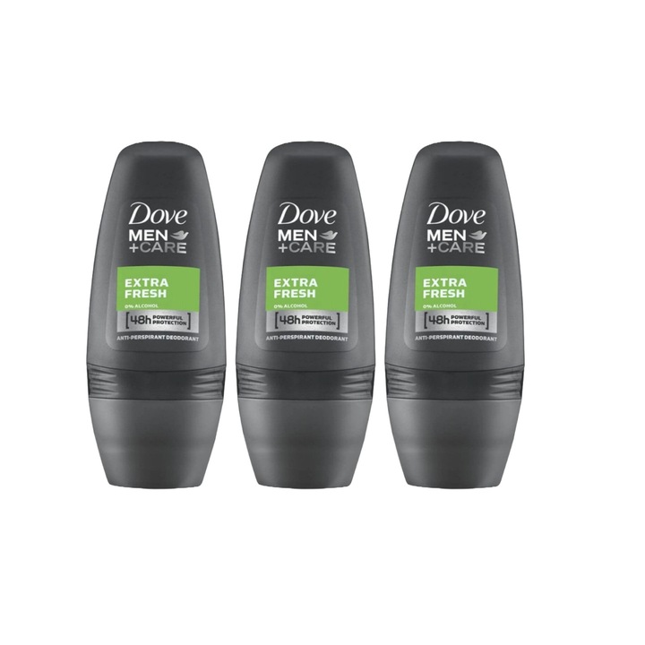 Szett 3 x Roll-On Dove Men+Care Extra Fresh dezodor, fehér foltok elleni védelem, 48 órás védelem, 50 ml