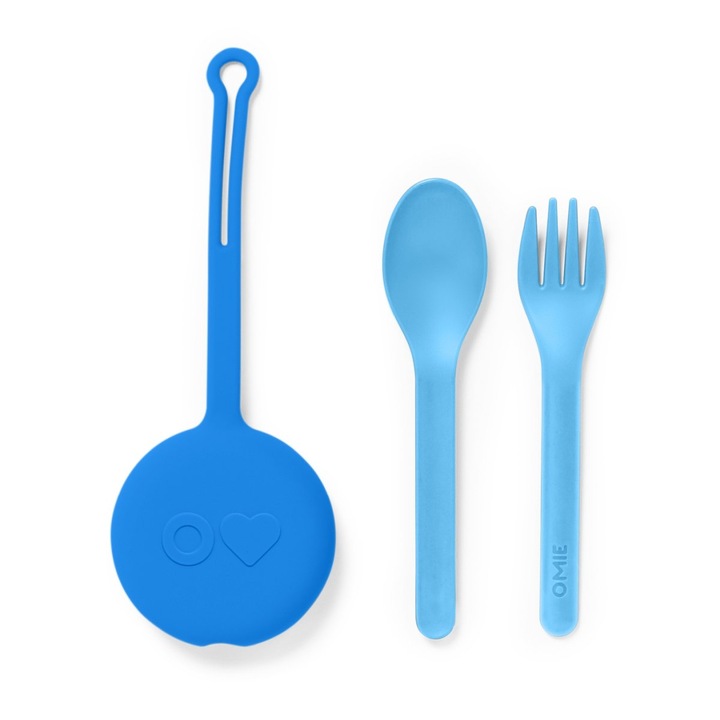 Set de 2 tacamuri pentru copii si husa de protectie, OMIE OmiePod, silicon, albastru, 2x7x15cm