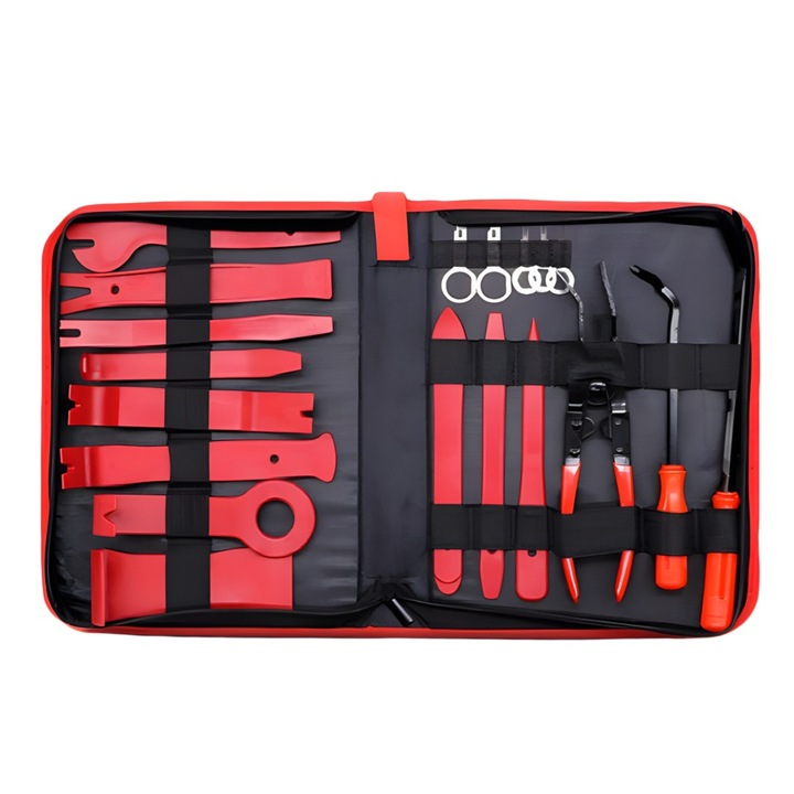 Trusa demontare auto, 19 piese, pentru tapiterie si radio, cu geanta de depozitare, Rosu, Dactylion®