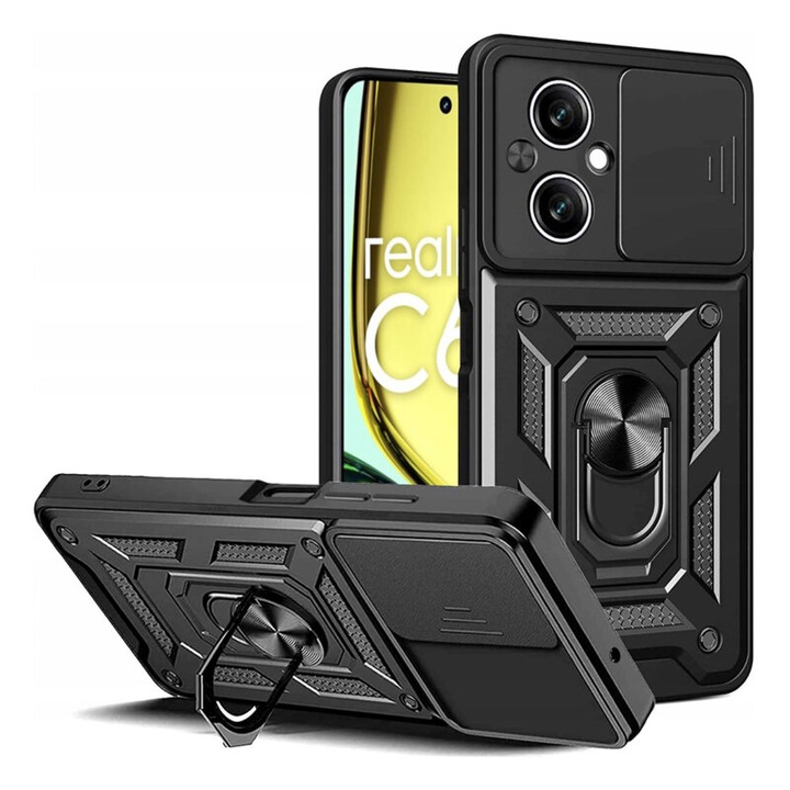 Защитен калъф, съвместим с Realme C67 4G, серия CamShield, с магнитен пръстен, защита на камерата, подсилени ръбове, TPU, черен