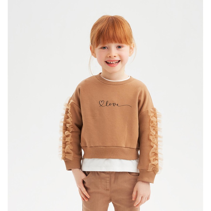 Детска блуза Sarabanda, с щампа и волани от тюл за момиче, 0.7220, Кафява, 92-98 см