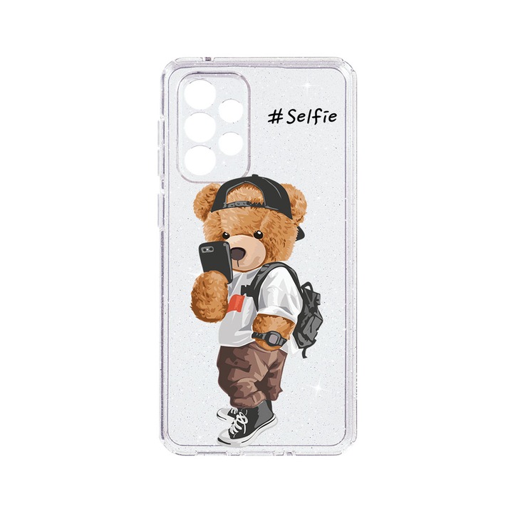 Husa BestCase® Crystal Glitter 2MM, съвместим със Samsung Galaxy A52, Selfie Teddy Bear, противоударна, устойчива на износване, защита на камерата, ST 925