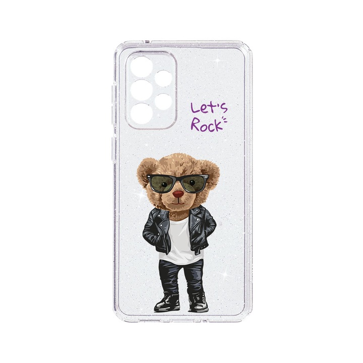 Husa BestCase® Crystal Glitter 2MM, Съвместима със Samsung Galaxy A52, Let's Rock Teddy Bear, Противоударна, Устойчива на износване, Защита на камерата, ST 929
