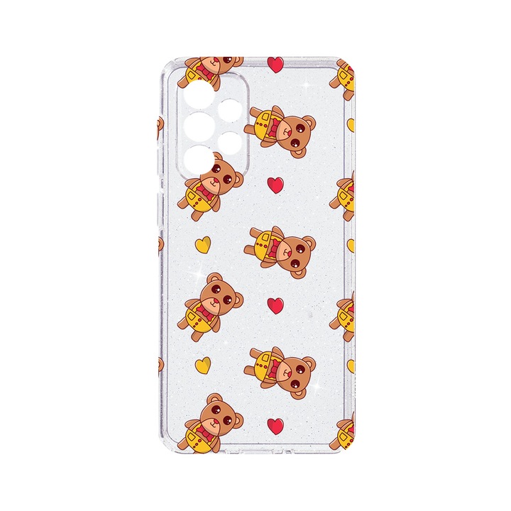 Husa BestCase® Crystal Glitter 2MM, Съвместим със Samsung Galaxy A52, Teddy Bear Love Pattern, Противоударна, Устойчива на износване, Защита на камерата, ST 968