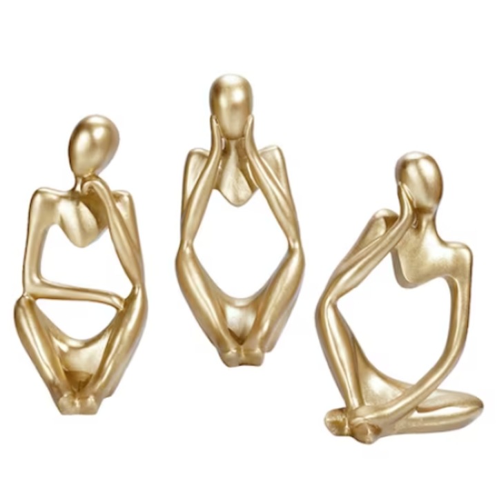 Комплект от три миниатюри от смола, човешки скулптурни декорации - Подходящи за мебели в хола, телевизор или масичка за кафе, семпъл и ретро стил, злато