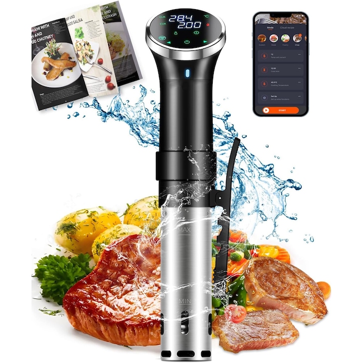 Stick pentru gatit Sous Vide, 1100W, Capacitate incalzire 20 litri, Timer, Temperatura ajustabila 25 - 90 °C, Display digital, Negru/Inox