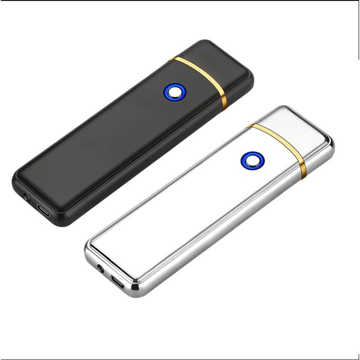 Set de 2 brichete electrice, JENUOS®, reincarcabila prin USB, senzor de amprenta, portabila, aprindere duala, rezistenta la vant, Negru/Argintiu
