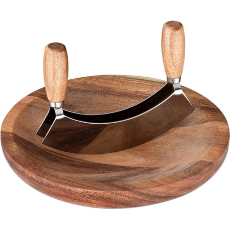 Set tocator de bucatarie si cutit pentru tocat din inox cu 2 lame, Navaris, lemn de salcam, natur