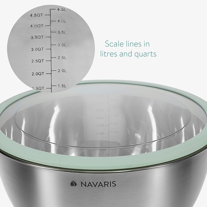 Set 3 boluri din inox cu capac, Navaris, argintiu, 3 dimensiuni, 16 cm, 20 cm, 24 cm
