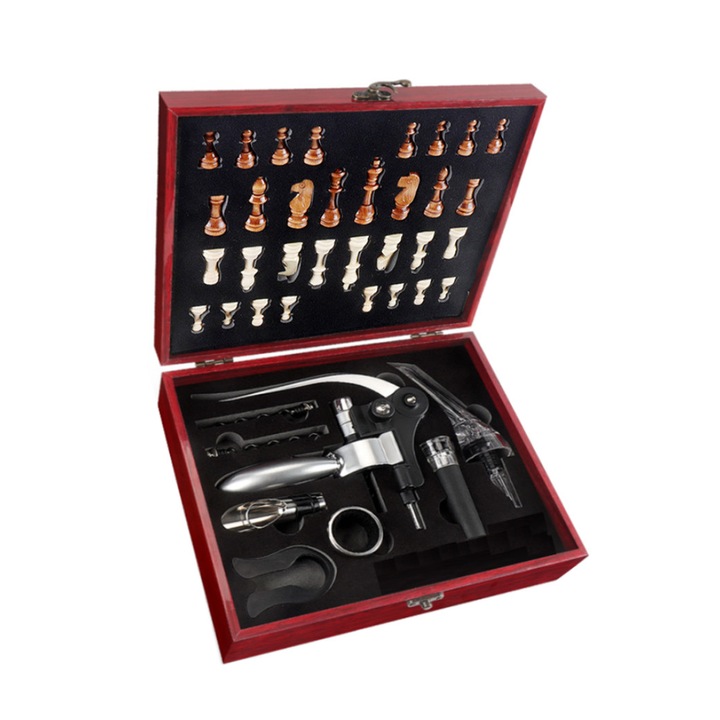 XGETOP boros sakk és kiegészítő szett, Deluxe Box, könnyen tárolható, elegáns, ideális partikhoz, egyszerű záródás, fém fogó