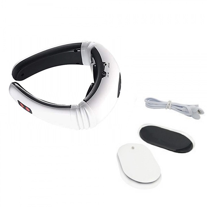 Aparat de masaj electromagnetic pentru cervicala, gat si spate, 6 tipuri de masaj, 16 niveluri de intensitate, Alb