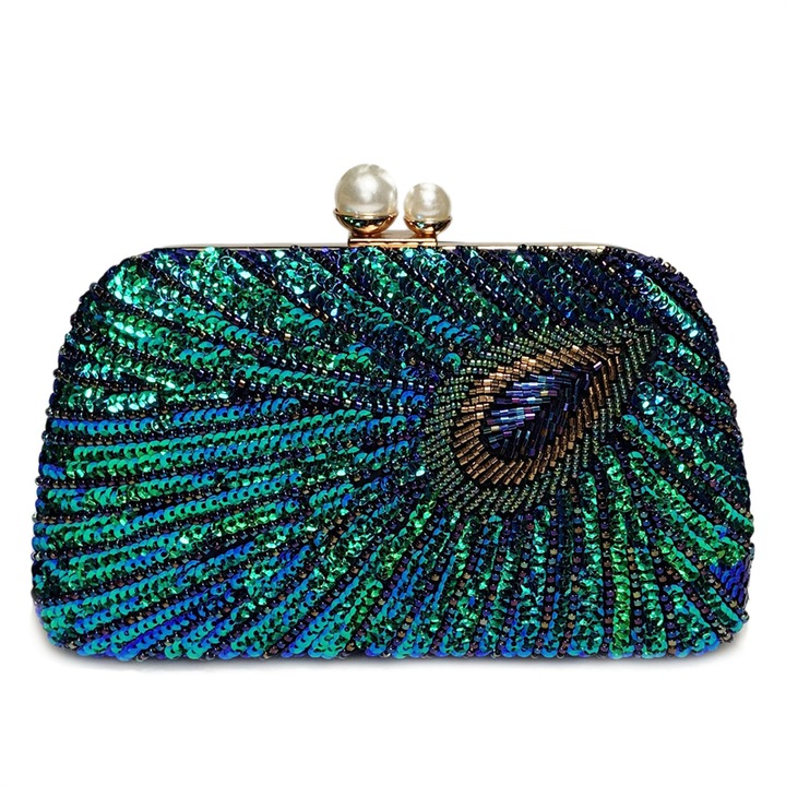 Geanta de dama, BOMSTOM, clutch elegant, lucrat manual, brodat cu margele si paiete, 21x12x5 cm, multicolor