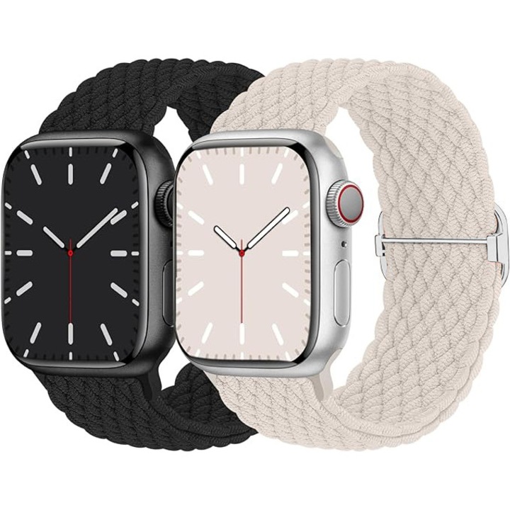 Set 2 curele sport Compatibil cu Apple Watch 11 10 9 8 7 6 5 4 3 2 1, Display 38/40/41/42 mm, Nylon, Bej Pastel/Negru