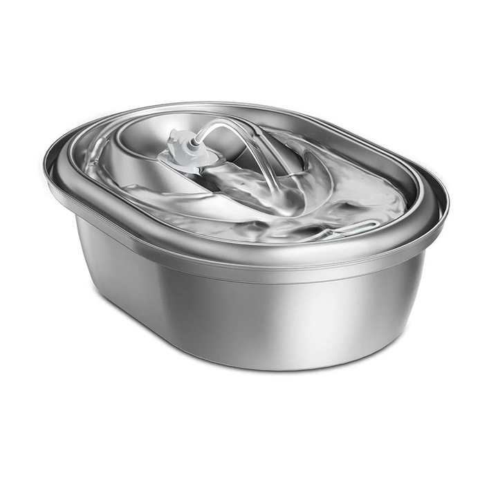 Dispenser apa automat tip fantana pentru pisici si caini, 2L, din otel inoxidabil 304, Sistem de filtrare multiplu, Pompe ultra-silentioase, Argintiu