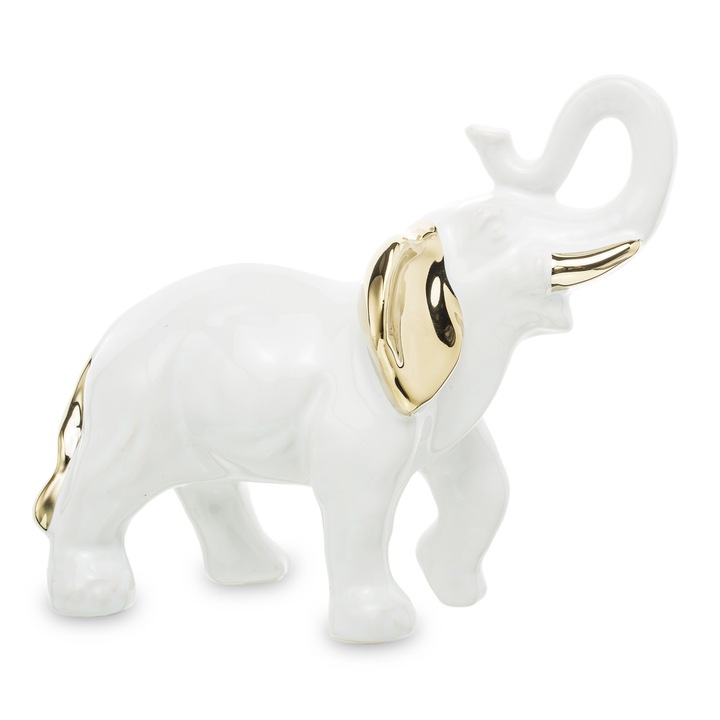 Decoratiune elefant, din ceramica, alb-auriu, 14x17x7.5 cm
