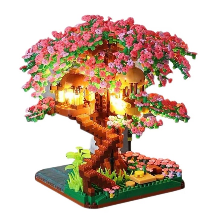 Kit de constructie pentru adulti, Bonsai de copac Sakura iluminat, ABS, 2138 bucati, multicolor, A-8