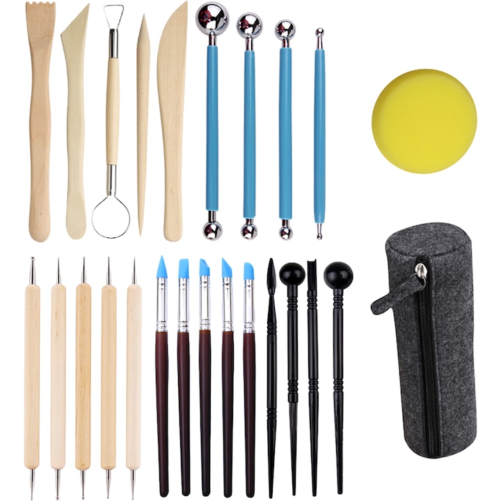 Set 25 unelte de sculptura, Axroad Mall, Maner ergonomic, Design dual-ended, Cu sac de depozitare, Usor de curatat si prins, Robust si durabil, Pentru sculptura in ceara, lut, Lemn/Metal, Multicolor