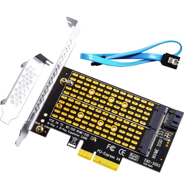 Adaptor M.2 NVME SSD la PCIe, Axroad Mall, Unitati SSD 2280, 2260, 2242, 2230, PCI-E4.0 X4 X8 x16, Cu cablu SATA3.0, Compatibil cu Windows/Linux/Mac, Metal, 104*56mm, Negru