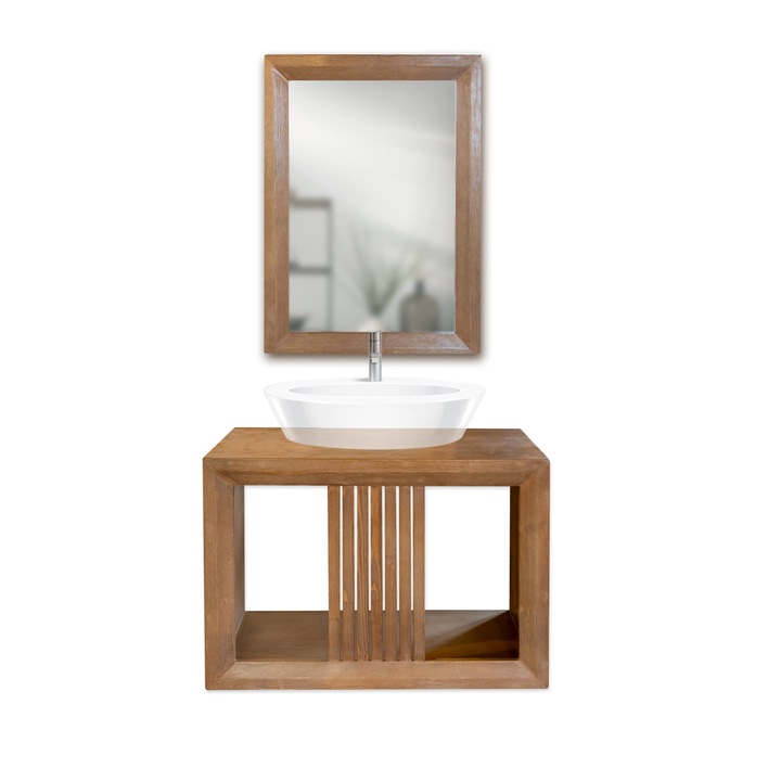 Set mobilier de baie din lemn masiv cu riflaj frontal, format din 2 piese, suport lavoar si oglinda, suspendat, usor de montat si de intretinut in finisaj Rustic