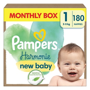 Scutece Pampers Harmonie, Nou nascut 1, 2-5 kg, pachet lunar de scutece, 180 buc
