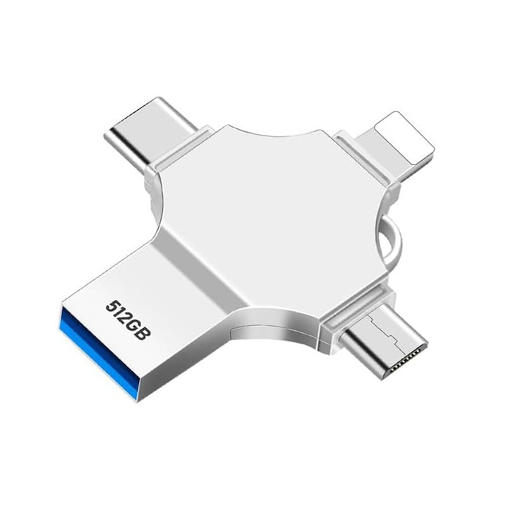 USB памет 4 в 1 512GB, Nybgyy®, USB 3.0/ USB Type-C/ Lightning/ Micro-USB, Съвместим iPhone/ Android, бърз трансфер между устройства, Сребриста