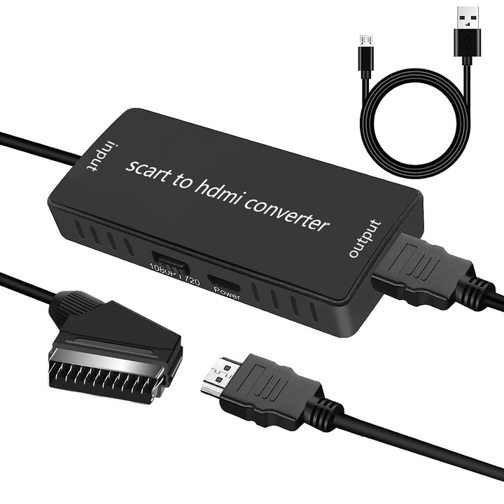 Scart към HDMI адаптер, с HDMI кабел, с USB кабел, Nybgyy®, видео и аудио звук, 1080P/720P HD, съвместим лаптоп / HDTV / DVD / видео / проектор, черен