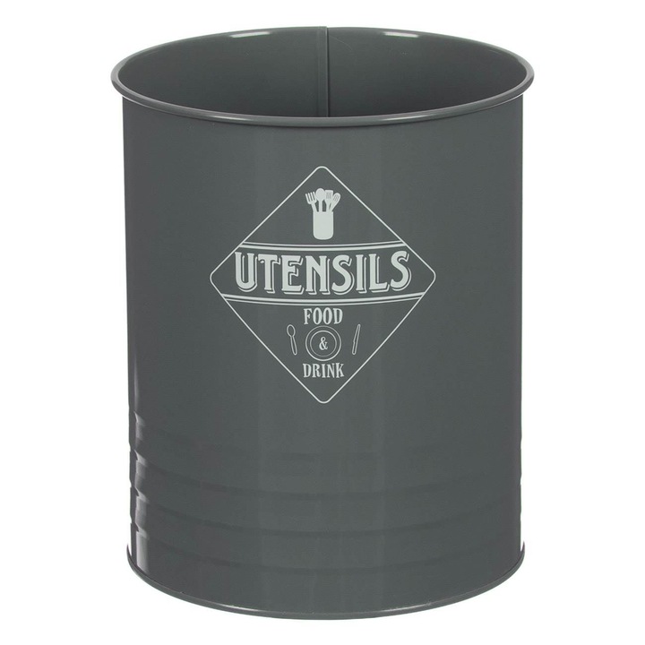 Кръгла сива метална поставка с бял Shopiens® печат, за готварски прибори и лъжици, 13 x 16,5 cm